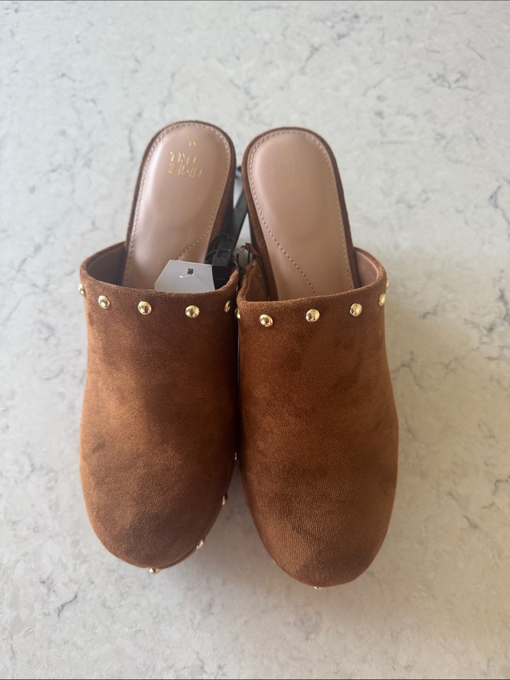 NWT Time and Tru Brown Studded Suede Clog Heels w/ block heels W 11 - Picture 3 of 6